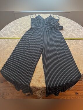 Kaileigh Black and White Pinstripe Wide-Leg Jumpsuit with Tie-front